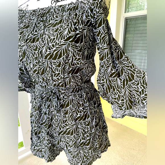 Express Pants - Express Womens Off the Shoulder Shorts Romper Green Small Olive Leaves Ruffle